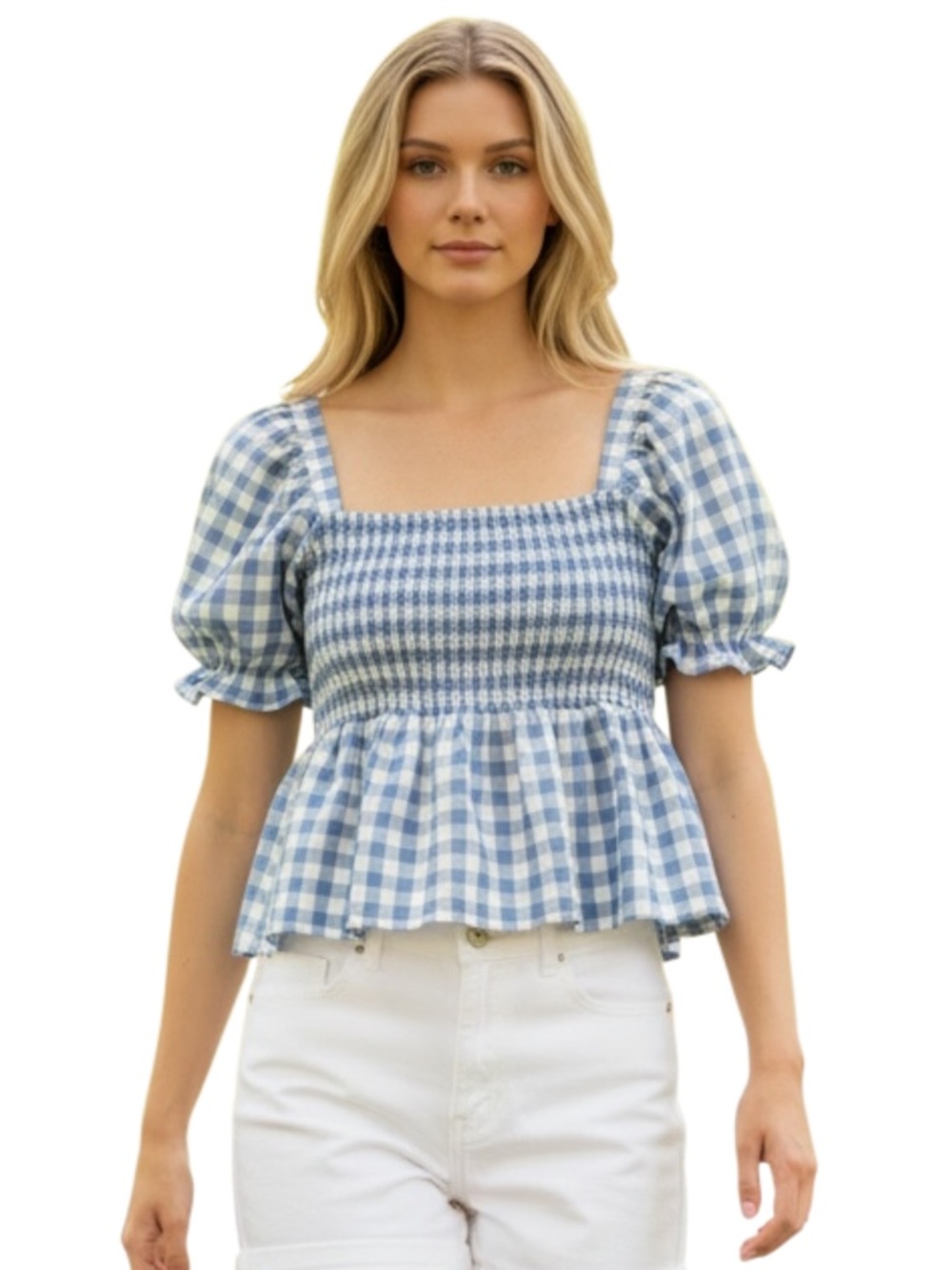 Dizzy Lizzy Smocked Short Sleeve Top, Square Neckline, Blue & White, Junior XL